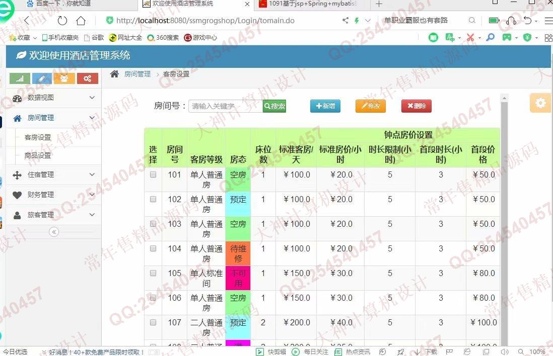 计算机源码设计实例-1092JSP基于SSM酒店后台管理系统设计截图