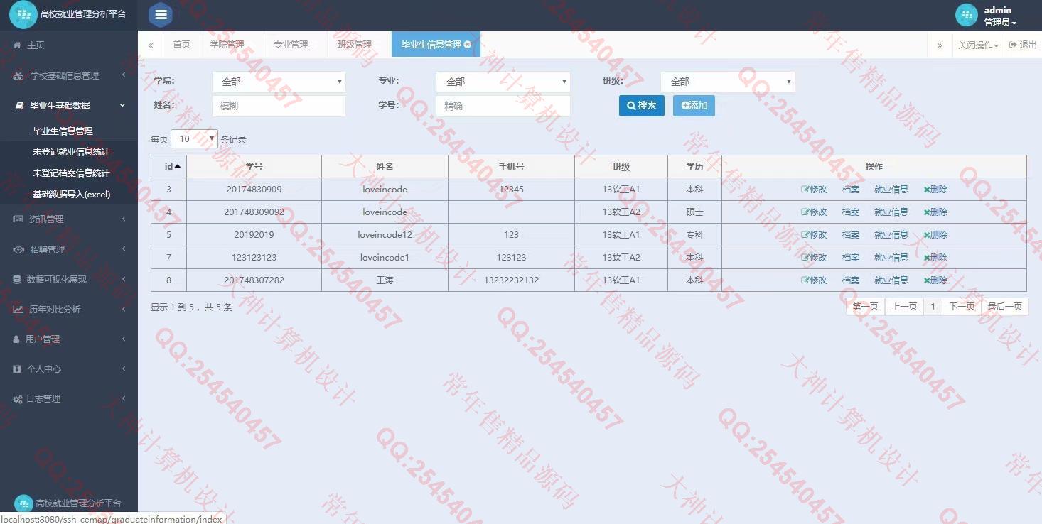 计算机源码设计实例-1164JSP基于SpringMVC和Hibernate毕业生离校就业分析管理平台截图