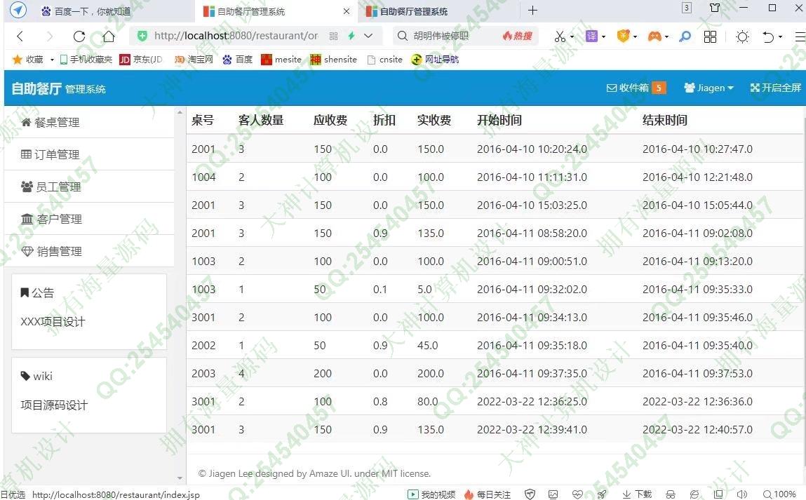 计算机源码设计实例-1340JSP+Servlet+Javabean自助餐厅饭店收银管理系统带推荐截图