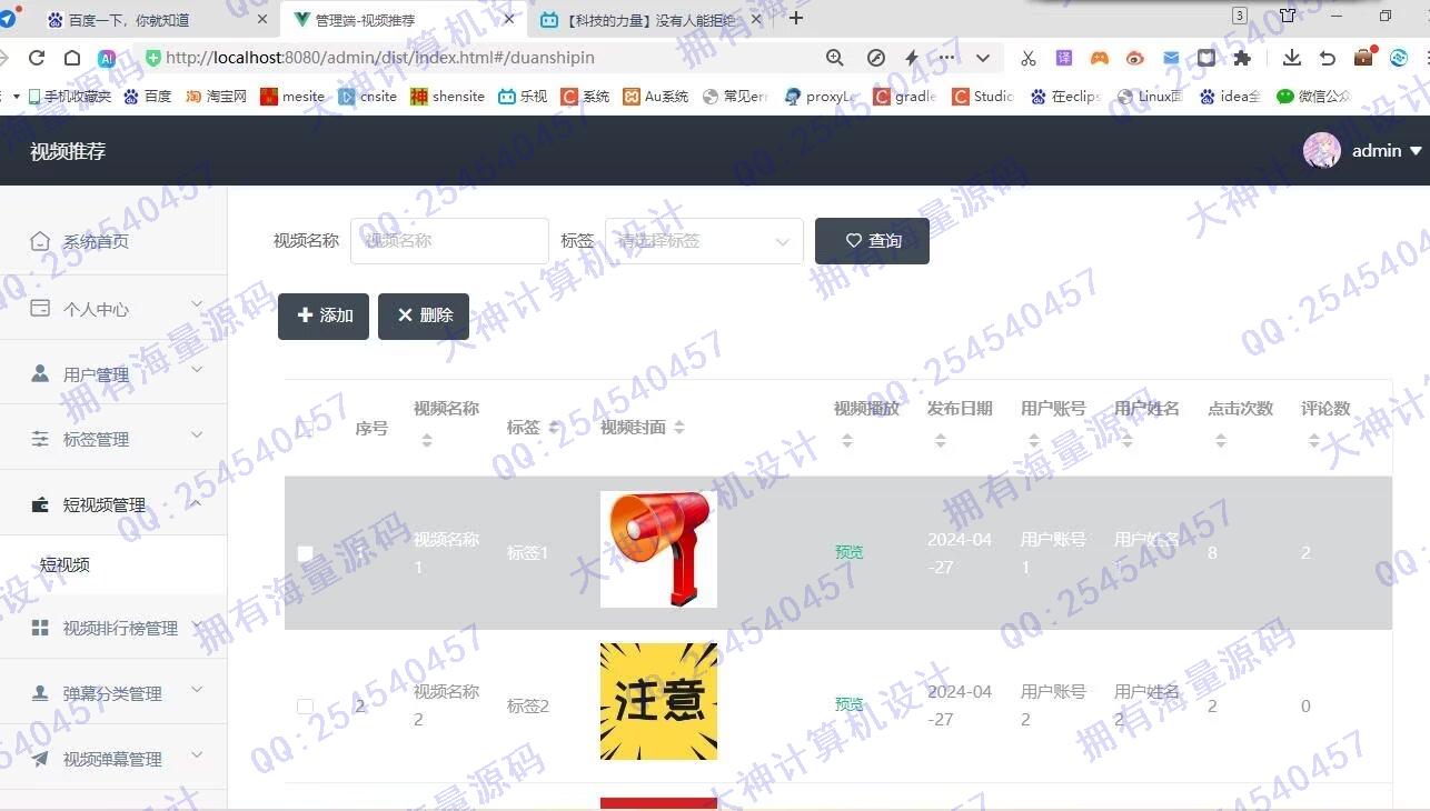 计算机源码设计实例-1464基于Python的短视频推荐网站设计带Scrapy爬虫及可视化大屏展示截图