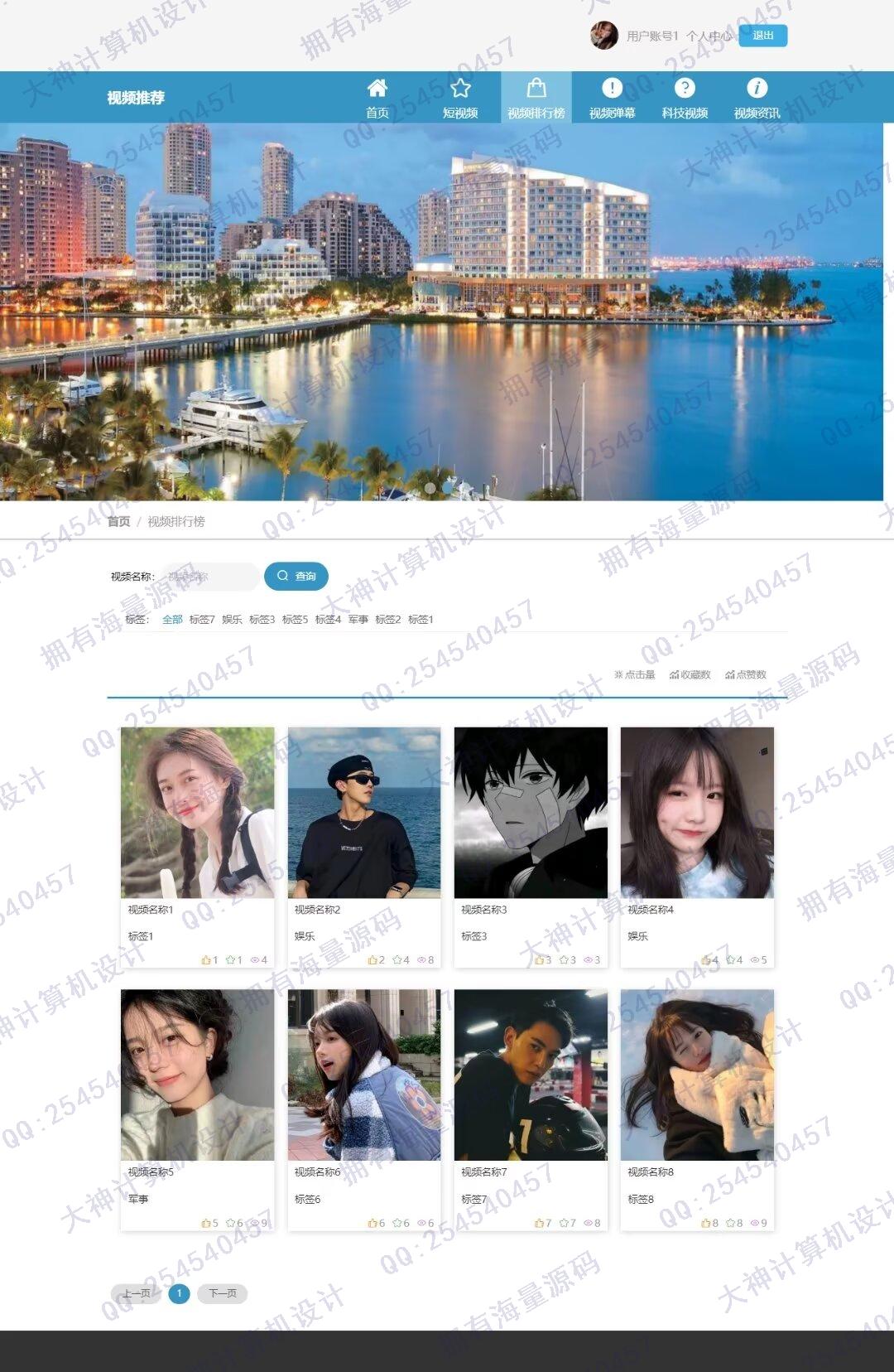 计算机源码设计实例-1464基于Python的短视频推荐网站设计带Scrapy爬虫及可视化大屏展示截图