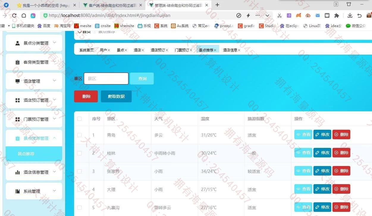 计算机源码设计实例-1466基于Scrapy爬虫和协同过滤推荐算法的旅游景点酒店预定网站设计截图