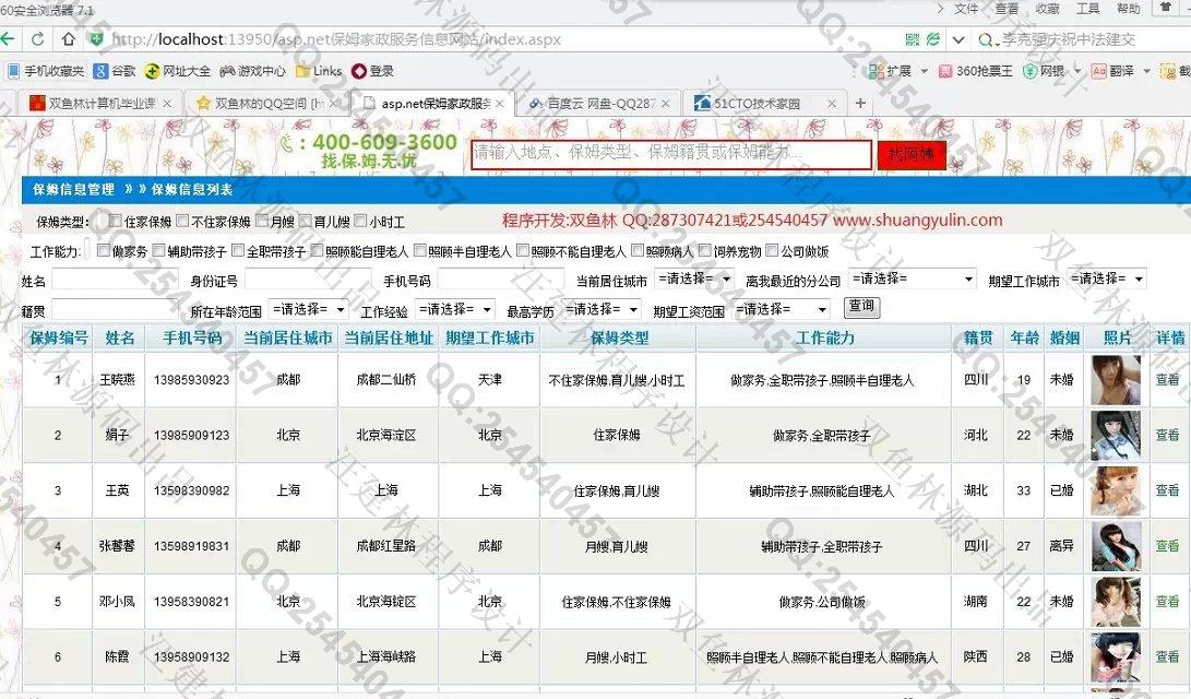 计算机源码设计实例-553大神asp.net保姆家政服务信息网站设计截图