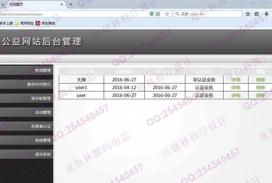计算机源码设计实例-609asp.net公益网站志愿者管理系统截图