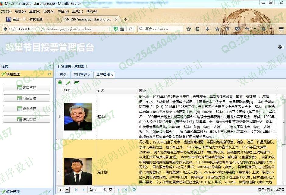 计算机源码设计实例-647SpringMVC_Mybatis_EasyUI综艺节目人气嘉宾评选投票网站截图