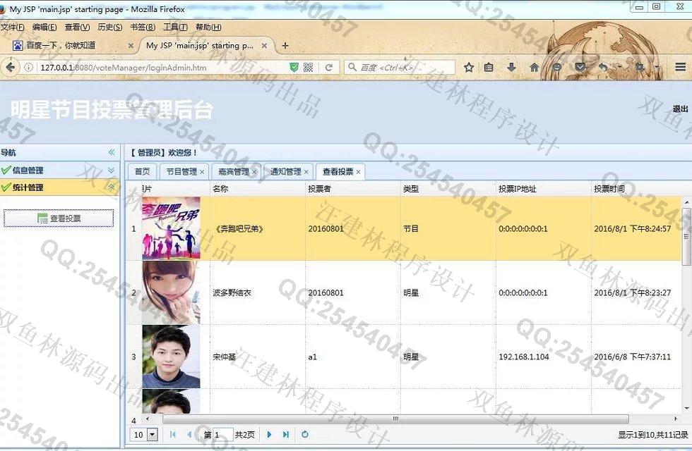 计算机源码设计实例-647SpringMVC_Mybatis_EasyUI综艺节目人气嘉宾评选投票网站截图