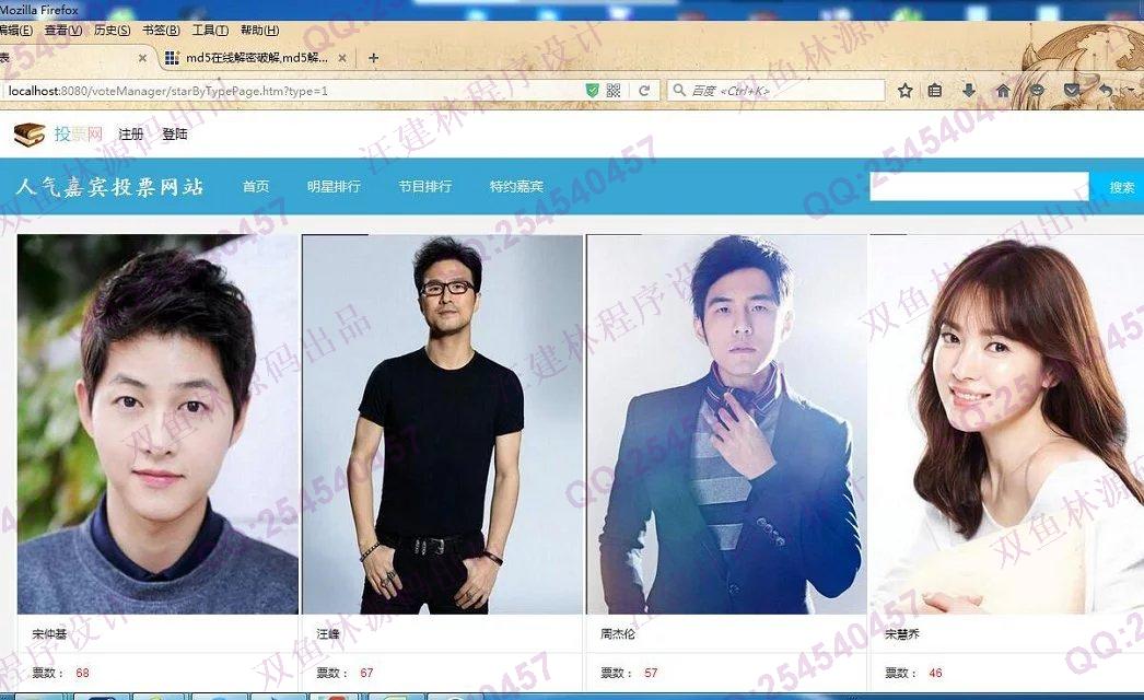 计算机源码设计实例-647SpringMVC_Mybatis_EasyUI综艺节目人气嘉宾评选投票网站截图