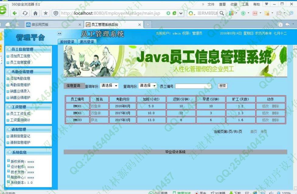 计算机源码设计实例-654java+sql职工员工工资信息管理系统截图