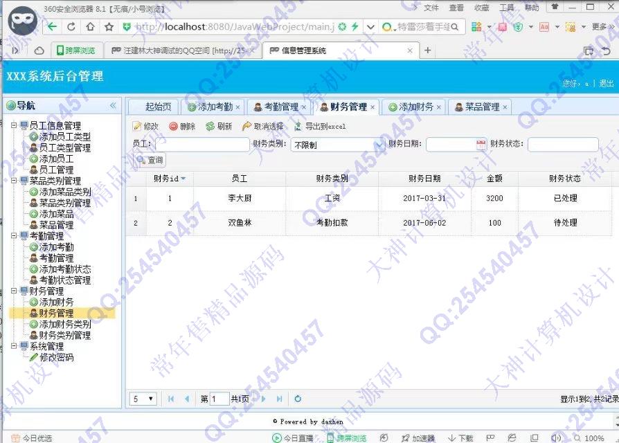 计算机源码设计实例-782大神JSP_SSH2_EasyUI食堂菜品考勤财务系统截图
